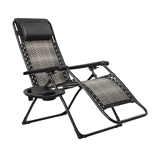 Crownland Outdoor Furniture PE Wicker Zero Gravity Lounge Folding Chair with Pillow and Cup Holder Patio Outdoor Reclining for Poolside Backyard Beach, 1 Pack, Grey