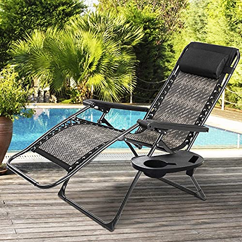 Crownland Outdoor Furniture PE Wicker Zero Gravity Lounge Folding Chair with Pillow and Cup Holder Patio Outdoor Reclining for Poolside Backyard Beach, 1 Pack, Grey