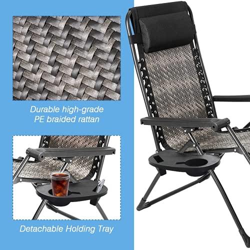 Crownland Outdoor Furniture PE Wicker Zero Gravity Lounge Folding Chair with Pillow and Cup Holder Patio Outdoor Reclining for Poolside Backyard Beach, 1 Pack, Grey