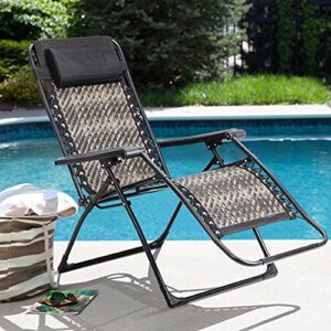 Crownland Outdoor Furniture PE Wicker Zero Gravity Lounge Folding Chair with Pillow and Cup Holder Patio Outdoor Reclining for Poolside Backyard Beach, 1 Pack, Grey