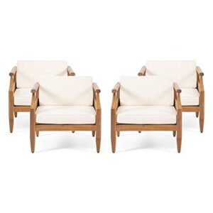 christopher knight home daisy outdoor club chair with cushion (set of 4), teak finish, cream
