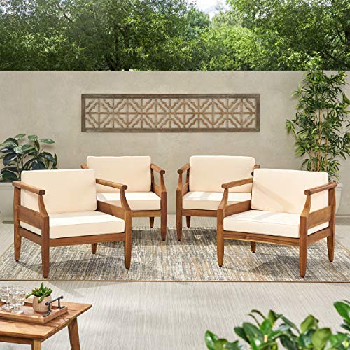 Christopher Knight Home Daisy Outdoor Club Chair with Cushion (Set of 4), Teak Finish, Cream
