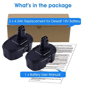 2-Pack [Upgraded to 4500mAh] High Capacity DC9096 DC9098 Replacement Battery Compatible with Dewalt 18V Battery DC9099 DW9095 DW9096 DW9098 DW9099 DE9038 18 Volt Battery Cordless Drill Drivers