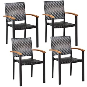 relax4life patio rattan dining chairs set wicker chairs with steel frame, acacia-covered armrests fire pit chairs for porch, poolside, balcony, lawn indoor&outdoor furniture armrest chairs set (4)