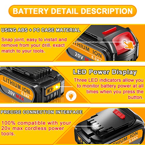 VANTTECH 2Pack DCB200 20V MAX 6.0Ah Battery Replacement for Dewalt 20V Battery DCB200 DCB180 DCB206 DCB206-2 DCB204 DCB204BT-2 DCB203 DCB201 DCD/DCF/DCG Series Cordless Power Tools