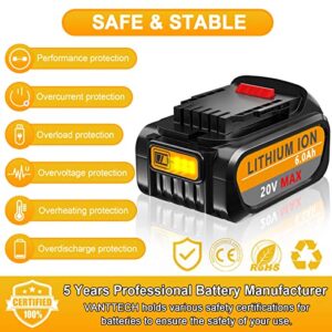 VANTTECH 2Pack DCB200 20V MAX 6.0Ah Battery Replacement for Dewalt 20V Battery DCB200 DCB180 DCB206 DCB206-2 DCB204 DCB204BT-2 DCB203 DCB201 DCD/DCF/DCG Series Cordless Power Tools