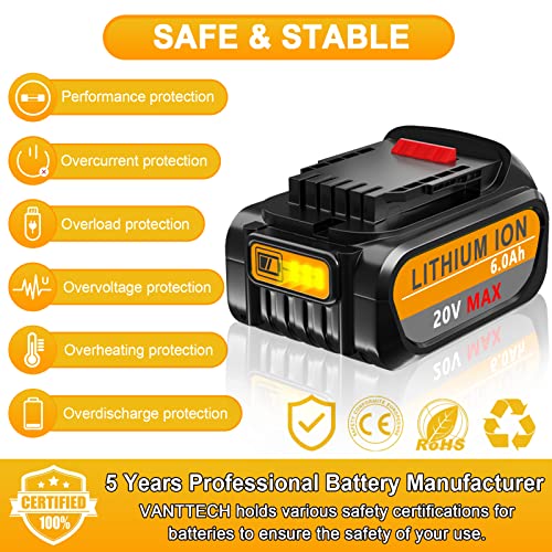 VANTTECH 2Pack DCB200 20V MAX 6.0Ah Battery Replacement for Dewalt 20V Battery DCB200 DCB180 DCB206 DCB206-2 DCB204 DCB204BT-2 DCB203 DCB201 DCD/DCF/DCG Series Cordless Power Tools