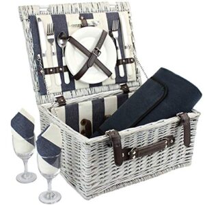 picnic basket for 2 persons with waterproof blanket, durable wicker picnic hamper set, willow picnic basket accessories plates and utensils, perfect wedding, birthday gift (grey washed)