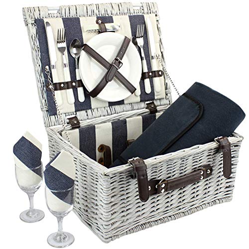 Picnic Basket for 2 Persons with Waterproof Blanket, Durable Wicker Picnic Hamper Set, Willow Picnic Basket Accessories Plates and Utensils, Perfect Wedding, Birthday Gift (Grey Washed)