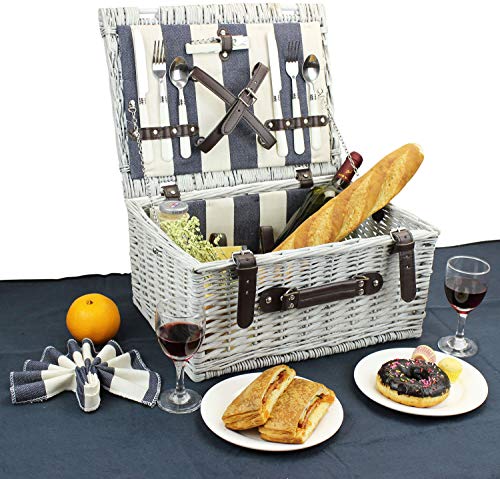 Picnic Basket for 2 Persons with Waterproof Blanket, Durable Wicker Picnic Hamper Set, Willow Picnic Basket Accessories Plates and Utensils, Perfect Wedding, Birthday Gift (Grey Washed)