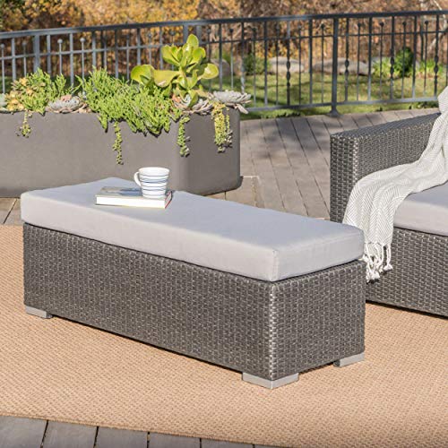 Christopher Knight Home Santa Rosa Outdoor Wicker Bench with Water Resistant Cushion, Grey / Silver