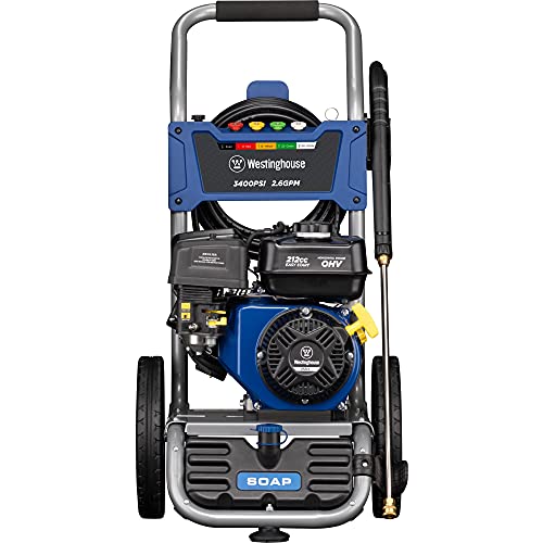 Westinghouse WPX3400 Gas Pressure Washer, 3400 PSI and 2.6 Max GPM, Onboard Soap Tank, Spray Gun and Wand, 5 Nozzle Set, CARB Compliant, for Cars/Fences/Driveways/Homes/Patios/Furniture