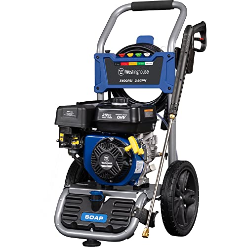 Westinghouse WPX3400 Gas Pressure Washer, 3400 PSI and 2.6 Max GPM, Onboard Soap Tank, Spray Gun and Wand, 5 Nozzle Set, CARB Compliant, for Cars/Fences/Driveways/Homes/Patios/Furniture