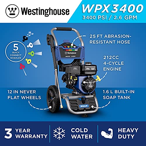 Westinghouse WPX3400 Gas Pressure Washer, 3400 PSI and 2.6 Max GPM, Onboard Soap Tank, Spray Gun and Wand, 5 Nozzle Set, CARB Compliant, for Cars/Fences/Driveways/Homes/Patios/Furniture