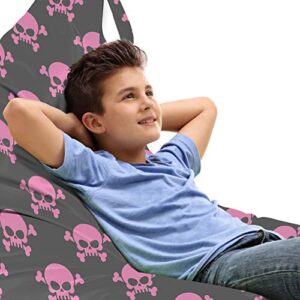 lunarable skull lounger chair bag, vivid pirate on pale background head of a skeleton and bones halloween themed, high capacity storage with handle container, lounger size, pink taupe