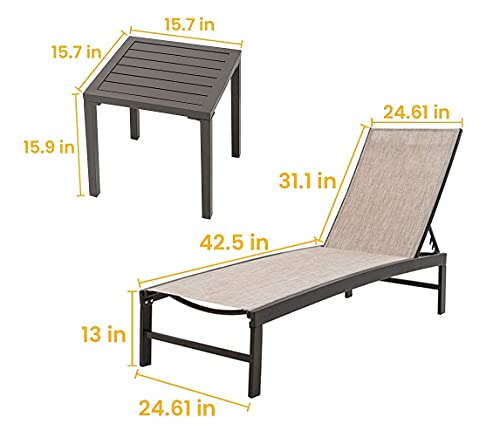 Crestlive Products Aluminum Adjustable Chaise Lounge Chair and Table Set Outdoor Five-Position Recliner, Curved Design, All Weather for Patio, Beach, Yard, Pool (Beige)