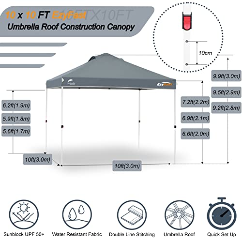 EzyFast Patented Umbrella Structure Instant Beach Canopy Shelter, Portable Straight Leg Pop Up Shade Tent with Wheeled Carry Bag (10'x10', Space Gray)