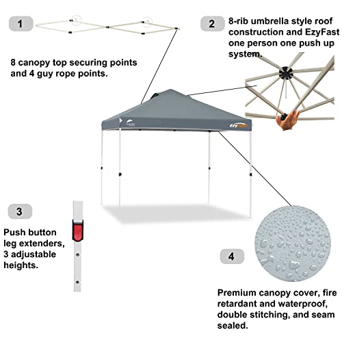 EzyFast Patented Umbrella Structure Instant Beach Canopy Shelter, Portable Straight Leg Pop Up Shade Tent with Wheeled Carry Bag (10'x10', Space Gray)