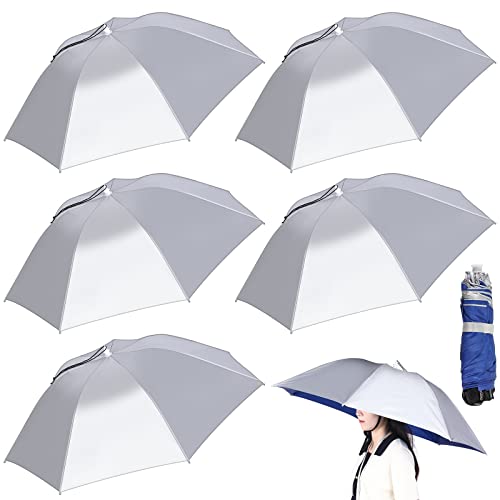 Sanwuta 5 Pcs Fishing Umbrella Hat 37 Inches Large Head Umbrella Folding Hands Free Umbrella Adjustable Elastic Wearable Umbrella for Fishing Camping Gardening Outdoor Golf