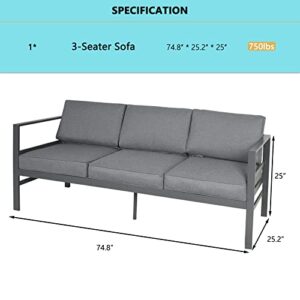 PHIKOOVA Patio Furniture Aluminum Couch, 3-Seat All-Weather Contemporary Aluminum Outdoor Sofa Aluminum Outdoor Seating with Cushions, Gray Frame