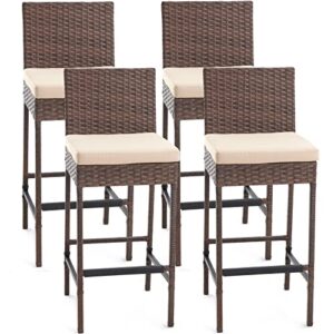 ecotouge wicker bar height chairs set of 4, patio rattan bar stools counter height with cushion, outdoor bar chairs armless for backyard, poolside, deck (brown)