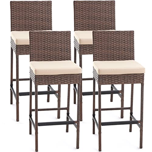 ECOTOUGE Wicker Bar Height Chairs Set of 4, Patio Rattan Bar Stools Counter Height with Cushion, Outdoor Bar Chairs Armless for Backyard, Poolside, Deck (Brown)