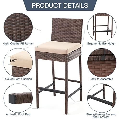 ECOTOUGE Wicker Bar Height Chairs Set of 4, Patio Rattan Bar Stools Counter Height with Cushion, Outdoor Bar Chairs Armless for Backyard, Poolside, Deck (Brown)