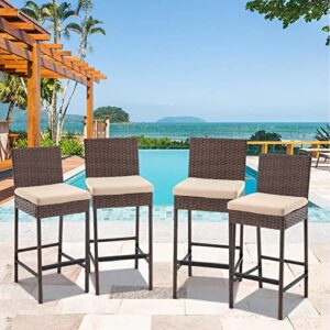 ECOTOUGE Wicker Bar Height Chairs Set of 4, Patio Rattan Bar Stools Counter Height with Cushion, Outdoor Bar Chairs Armless for Backyard, Poolside, Deck (Brown)