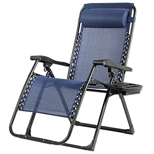 DORTALA Zero Gravity Chair, Lounge Chair with Cup Holder, Breathable Fabric, Detachable Headrest, Heavy Duty Chaise of 500LBS Capacity, Folding Recliner for Pool, Patio, Beach, Yard, Navy