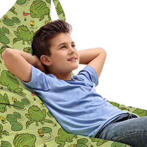 lunarable frogs lounger chair bag, childish hand-drawing with green happy amphibians on a floral pond, high capacity storage with handle container, lounger size, pale green fern green