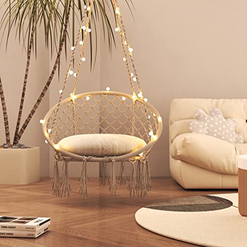 Wodeer Hammock Swing Chair with LED Light,Cushion and Hardware Kits,Handwoven Cotton Rope Macrame Hanging Swing Chair for Indoor, Outdoor, Patio, Bedroom.330 Lbs Capacity,for Almost Ages use,Beige