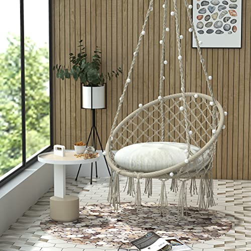 Wodeer Hammock Swing Chair with LED Light,Cushion and Hardware Kits,Handwoven Cotton Rope Macrame Hanging Swing Chair for Indoor, Outdoor, Patio, Bedroom.330 Lbs Capacity,for Almost Ages use,Beige