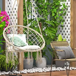 Wodeer Hammock Swing Chair with LED Light,Cushion and Hardware Kits,Handwoven Cotton Rope Macrame Hanging Swing Chair for Indoor, Outdoor, Patio, Bedroom.330 Lbs Capacity,for Almost Ages use,Beige