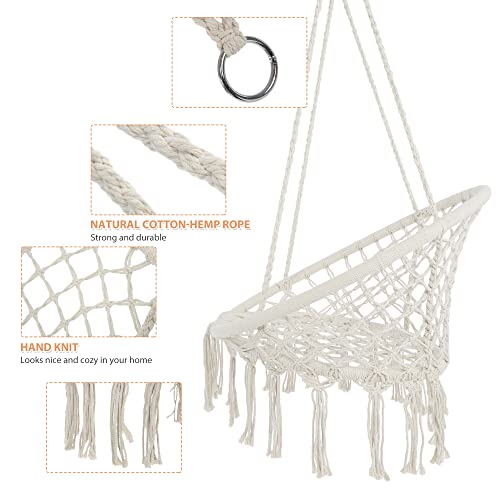 Wodeer Hammock Swing Chair with LED Light,Cushion and Hardware Kits,Handwoven Cotton Rope Macrame Hanging Swing Chair for Indoor, Outdoor, Patio, Bedroom.330 Lbs Capacity,for Almost Ages use,Beige