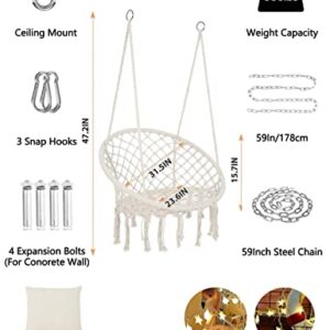 Wodeer Hammock Swing Chair with LED Light,Cushion and Hardware Kits,Handwoven Cotton Rope Macrame Hanging Swing Chair for Indoor, Outdoor, Patio, Bedroom.330 Lbs Capacity,for Almost Ages use,Beige