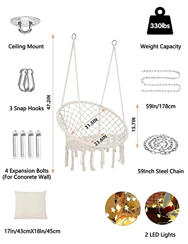 Wodeer Hammock Swing Chair with LED Light,Cushion and Hardware Kits,Handwoven Cotton Rope Macrame Hanging Swing Chair for Indoor, Outdoor, Patio, Bedroom.330 Lbs Capacity,for Almost Ages use,Beige