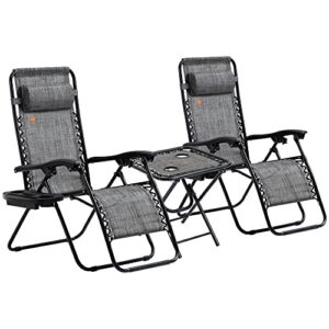 outsunny zero gravity chairs set of 2 with folding table & cup holder trays, reclining chaise lounge pool, camping & patio chairs, pillows, gray