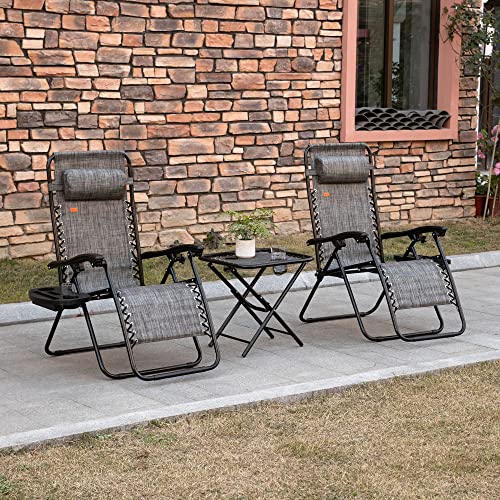 Outsunny Zero Gravity Chairs Set of 2 with Folding Table & Cup Holder Trays, Reclining Chaise Lounge Pool, Camping & Patio Chairs, Pillows, Gray