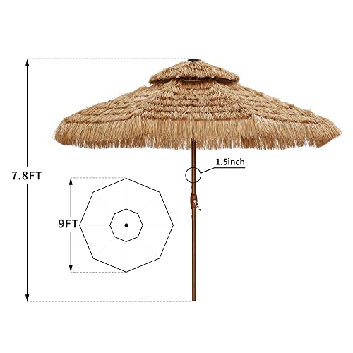 9ft 2Tier Outdoor Thatched Tiki Umbrella with Tilt Hand crank,32 built-in LED lights Hawaiian Style Beach Patio Umbrella (9FT（wood）)