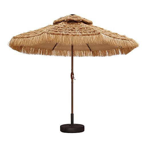 9ft 2Tier Outdoor Thatched Tiki Umbrella with Tilt Hand crank,32 built-in LED lights Hawaiian Style Beach Patio Umbrella (9FT（wood）)