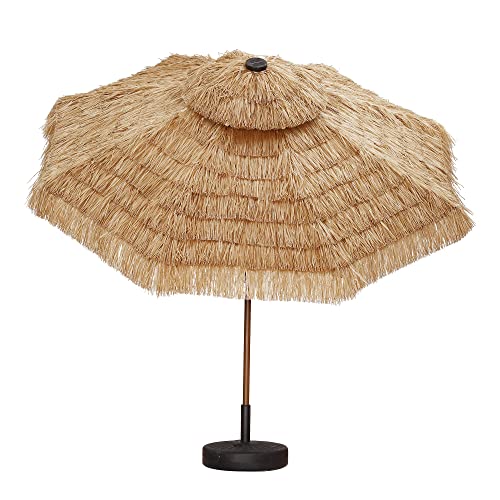 9ft 2Tier Outdoor Thatched Tiki Umbrella with Tilt Hand crank,32 built-in LED lights Hawaiian Style Beach Patio Umbrella (9FT（wood）)