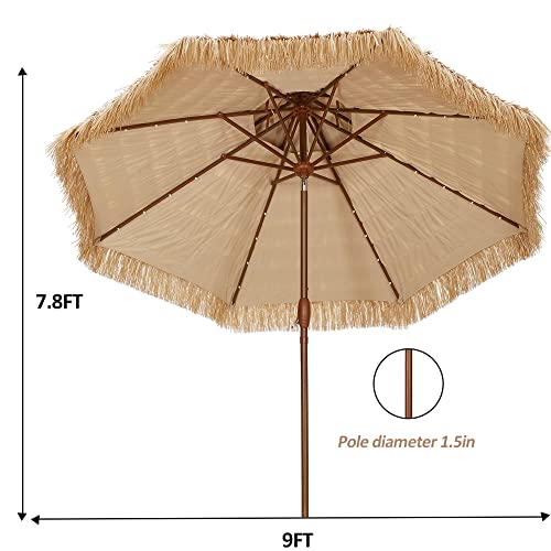 9ft 2Tier Outdoor Thatched Tiki Umbrella with Tilt Hand crank,32 built-in LED lights Hawaiian Style Beach Patio Umbrella (9FT（wood）)