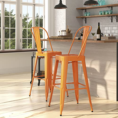 Merrick Lane Dothan Series Orange 30" High Metal Bar Height Stool with Removable Back for Indoor-Outdoor Use