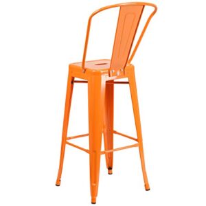 Merrick Lane Dothan Series Orange 30" High Metal Bar Height Stool with Removable Back for Indoor-Outdoor Use