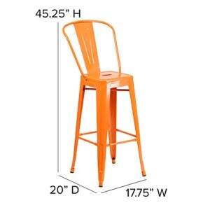 Merrick Lane Dothan Series Orange 30" High Metal Bar Height Stool with Removable Back for Indoor-Outdoor Use