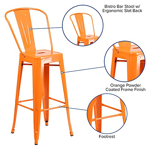 Merrick Lane Dothan Series Orange 30" High Metal Bar Height Stool with Removable Back for Indoor-Outdoor Use