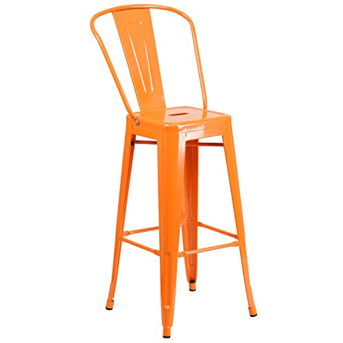 Merrick Lane Dothan Series Orange 30" High Metal Bar Height Stool with Removable Back for Indoor-Outdoor Use