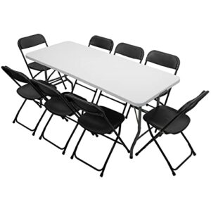 vingli 6 ft plastic folding table set with 8 black folding chairs for picnic, event, training, outdoor activities, at home and commercial use