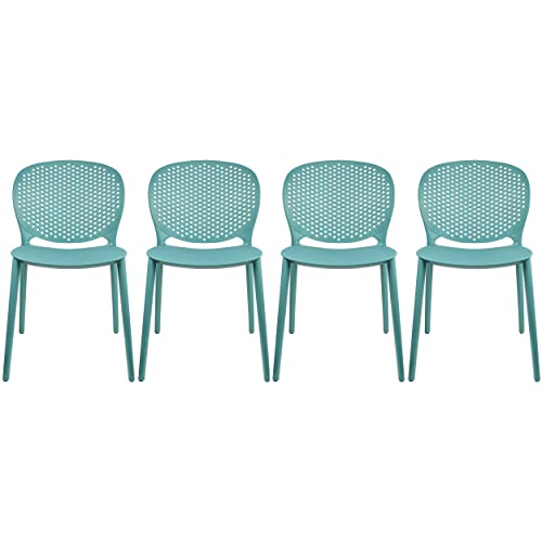 2xhome Set of 4 Blue Contemporary Modern Stackable Assembled Plastic Chair Molded with Back Armless Side Matte for Dining Room Living Designer Outdoor Garden Patio Balcony Work Desk Kitchen