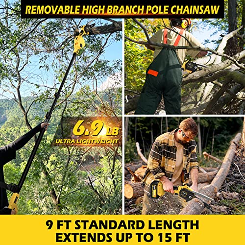 2-IN-1 Cordless Pole Saw & Mini Chainsaw, IMOUMLIVE Brushless Chainsaw, 6.9 LB Lightweight, 21V 3.0Ah Li-ion Battery, 6" Cutting with Oiling System, 15-Foot MAX Reach Pole Saw for Tree Trimming